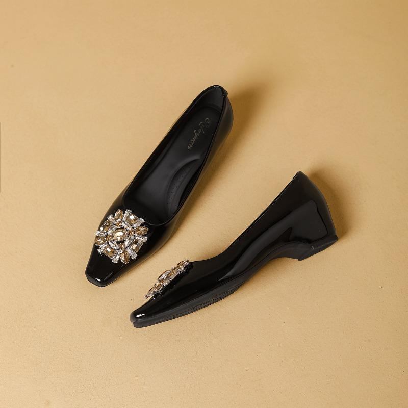 Women's Shoes Season New Rhinestone Square Head Middle Heel One Pedal Shallow High Heels Single Shoes Women