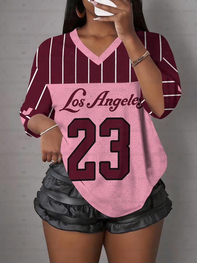 Women's Los Angeles NO.95 Print V-Neck Short Sleeve T-Shirt Summer Graphic Tee Baseball Jerseys Plus Size Sport T-Shirt