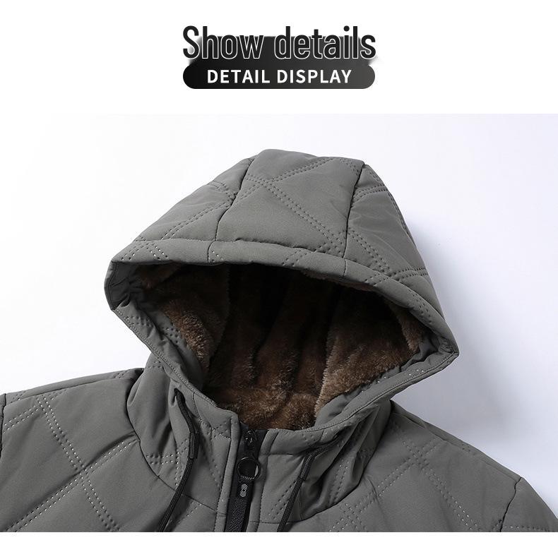 Men's Mid-Length Hooded Winter Coat with Velvet Lining for Middle-Aged and Elderly