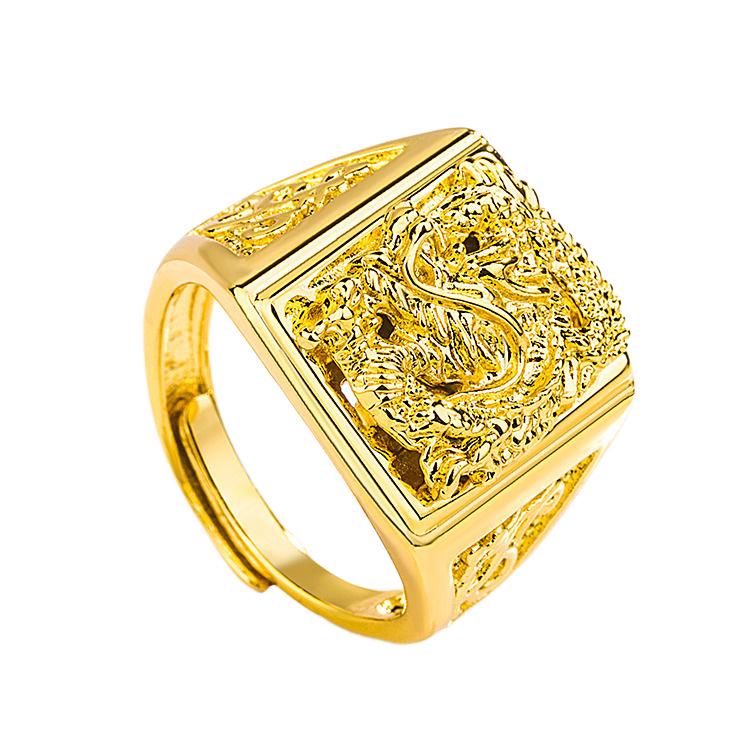 Gold Men's Dragon Ring, Gilt Brass Square Design, Long-Lasting Color Retention.