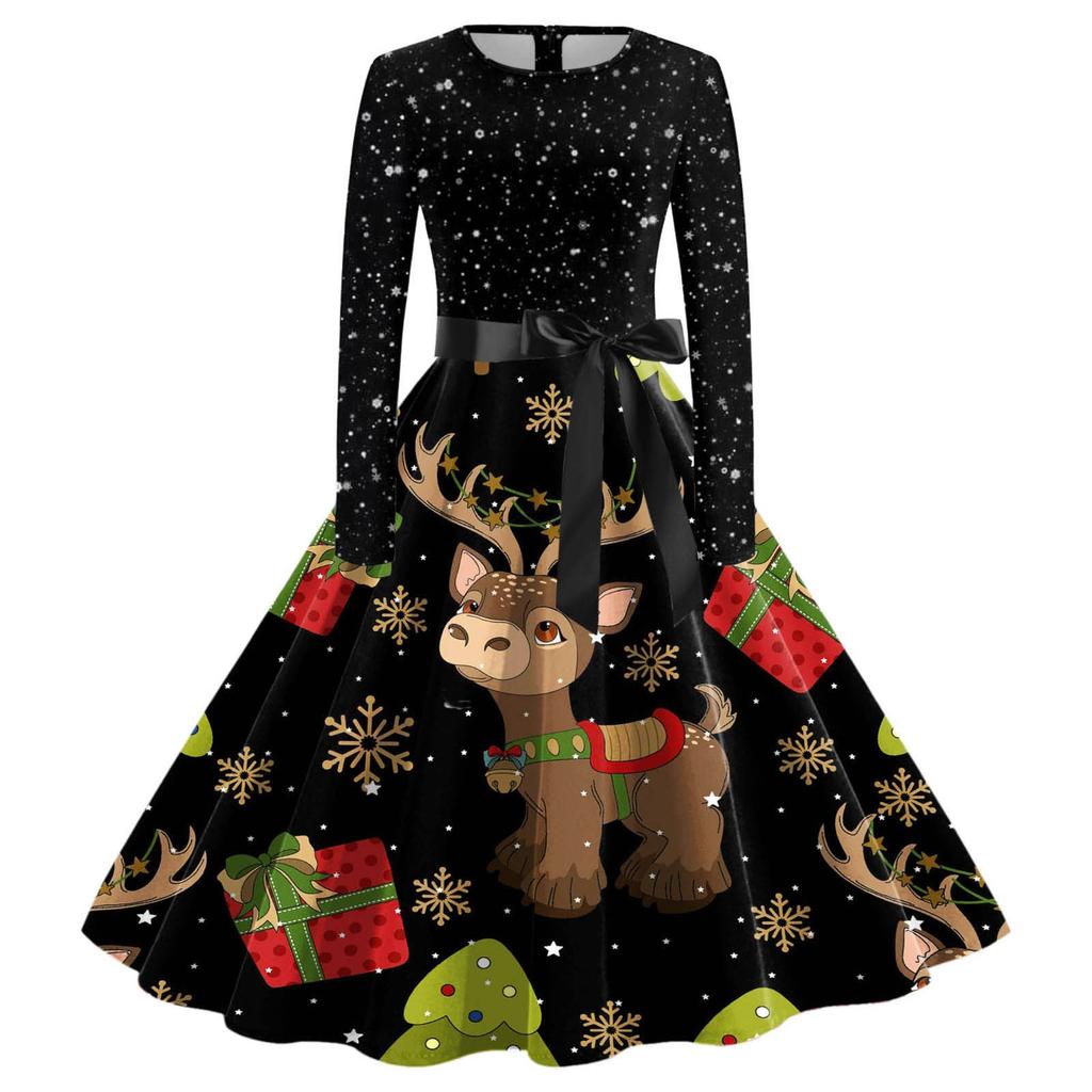Women's Casual Fashion Long Sleeve Christmas Elk Printed Vintage Long Dresses