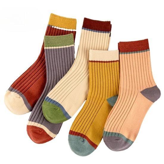 5 Pairs Women Candy Color Splicing Design Socks, Mid-tube Ribbed, Breathable, Sweat-absorbent, High Elastic