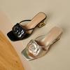 New one-word drag flower sandals camellia thick heel cool slippers women's summer fashion jacket empty high heel fish mouth shoes half drag