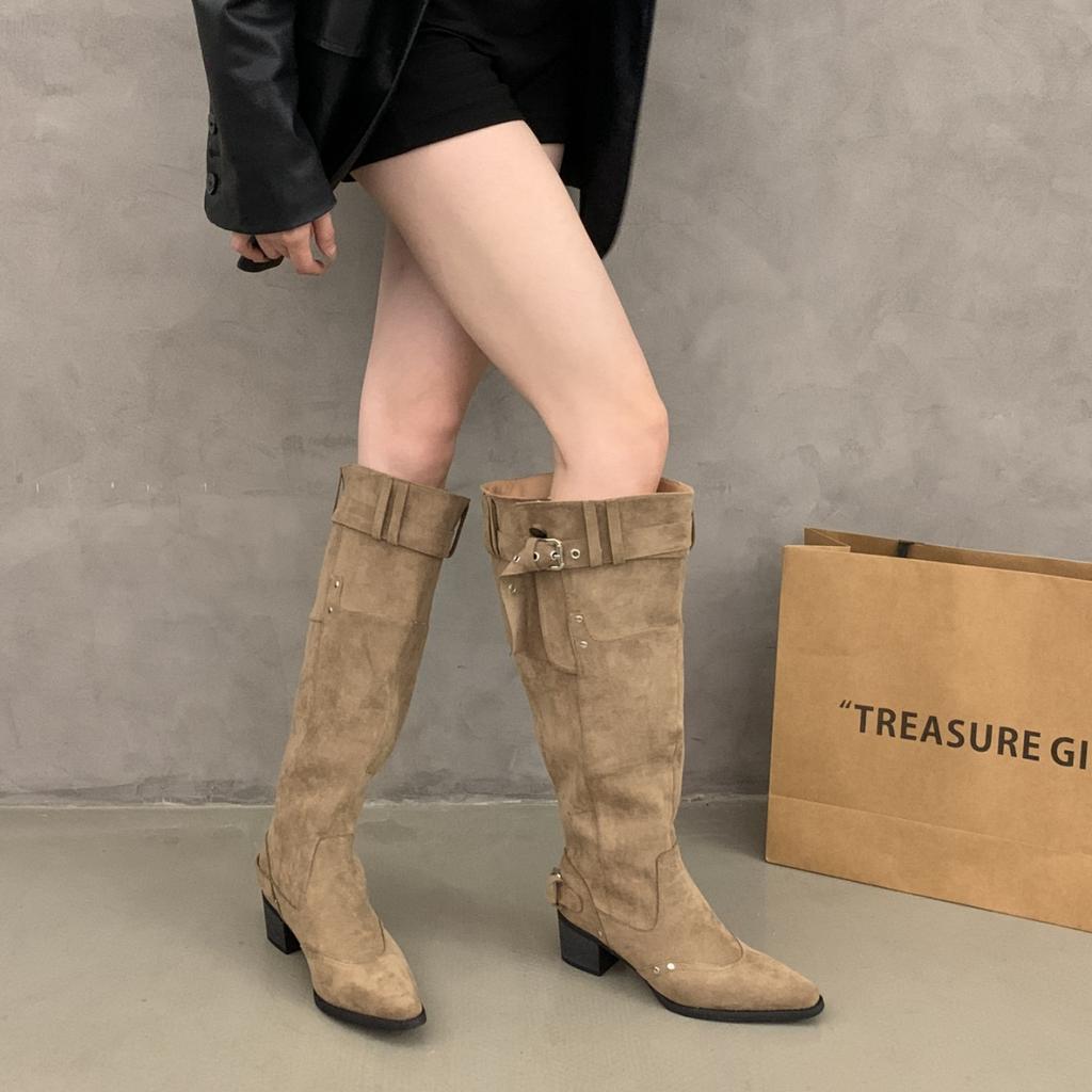Retro Vacation Style Western Boots Women's Imitation Leather Thick Heel Knight Boots Belt Buckle Pointed Temperament Stacking Boots
