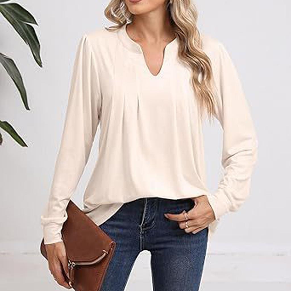 Women's Fashion Casual Long Sleeve Tops Solid Color V-Neck Tops