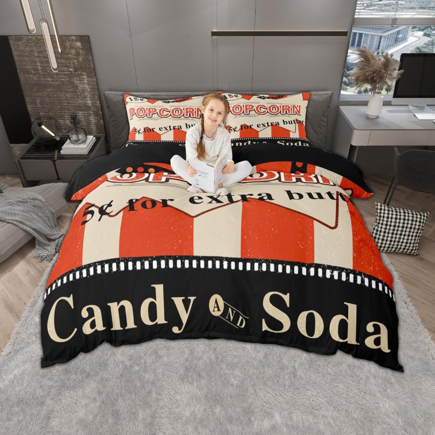 Homewish Vintage Movie Theatre Duvet Cover Set 2Pcs/3Pcs Retro Cinema Popcorn Bedding Film Theme Quilt Cover Set