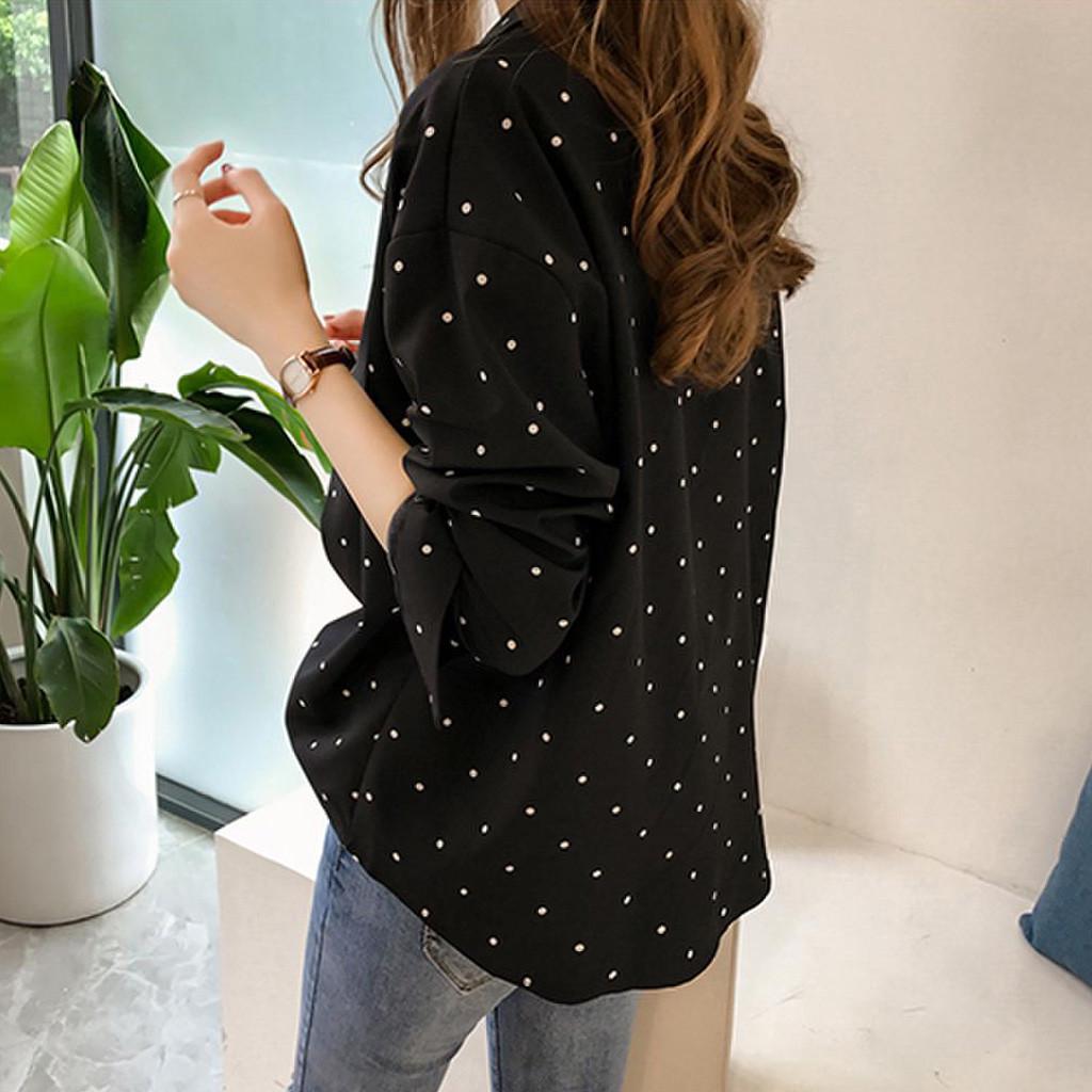 Camicie casual da donna a maniche lunghe con bottoni e colletto rovesciato a pois