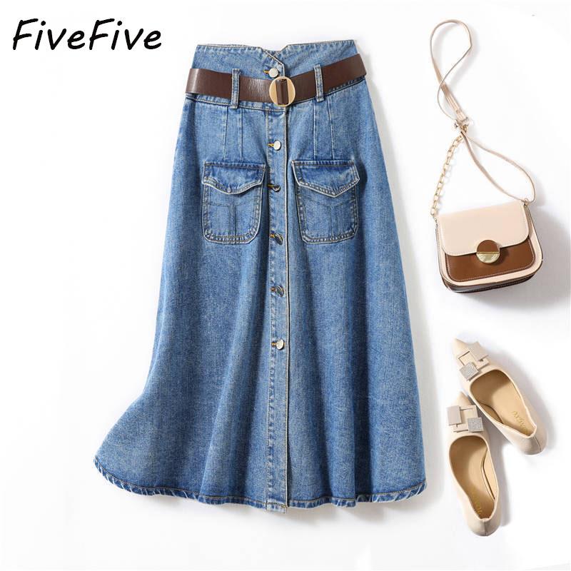 

FiveFive винтажные женские джинсовые юбки, летние повседневные однотонные праздничные днища, женская юбка трапециевидной формы на пуговицах большого размера