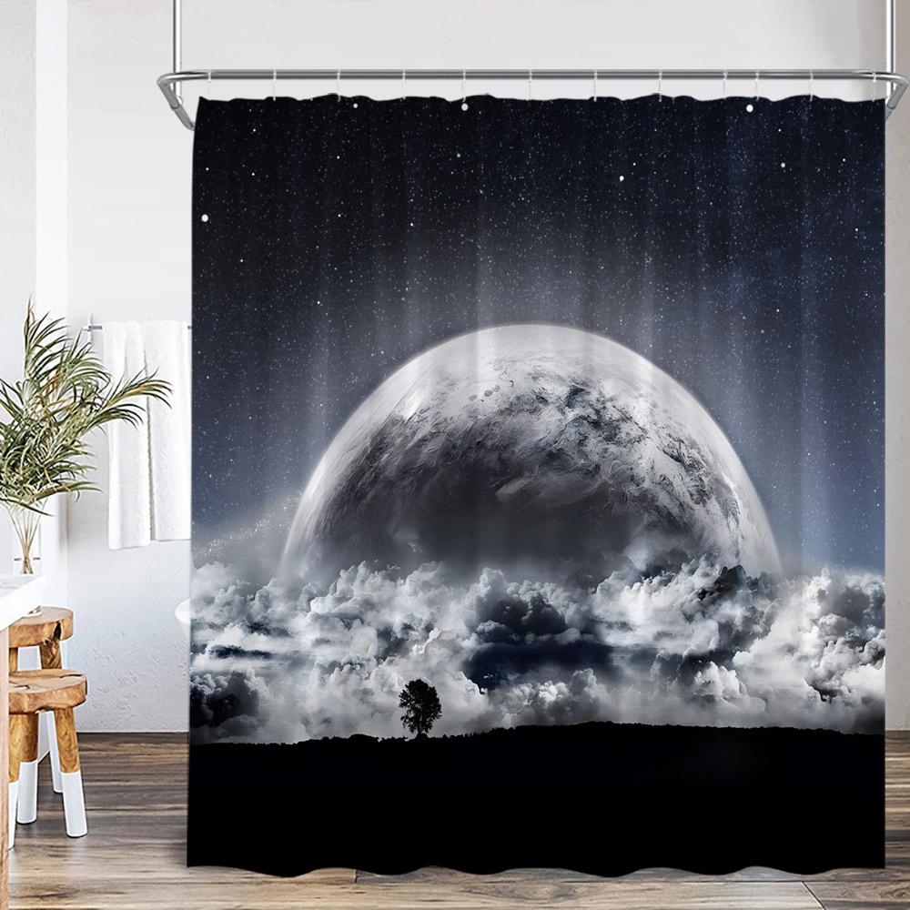 Celestial Moon Shower Curtain Starry Night Cloud Sea Ocean Sailboat Space Bathroom Decor Cresent Full Moon Bath Cutain With Hook