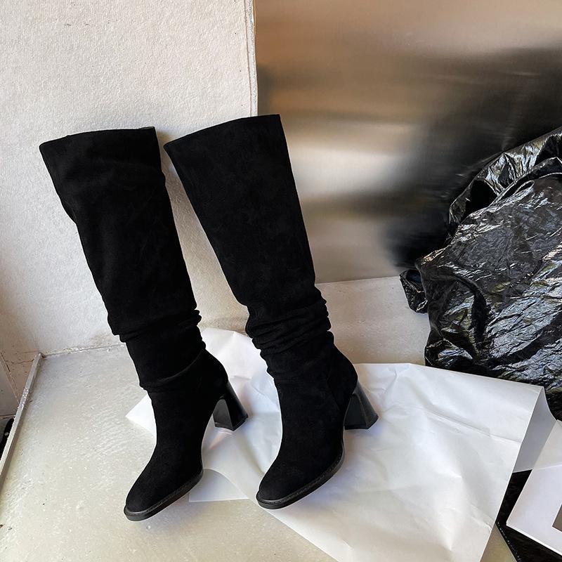 

Korean Oni~ retro thick heel stack boots tall boots pleated wide western cowboy boots long boots 35 чёрный