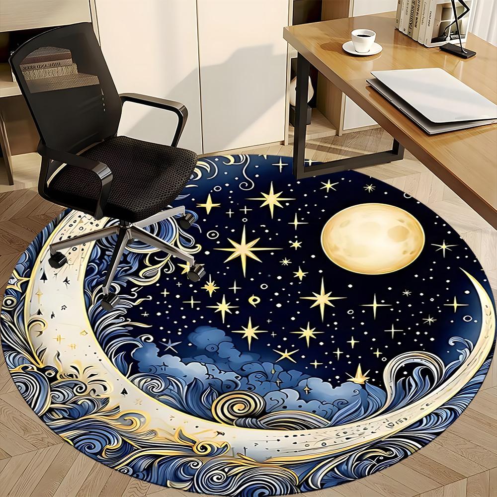 1pc Moon Stars Office Round Area Rug, Under Office Chairs Bedroom Living Room Home Decor, Room Deco