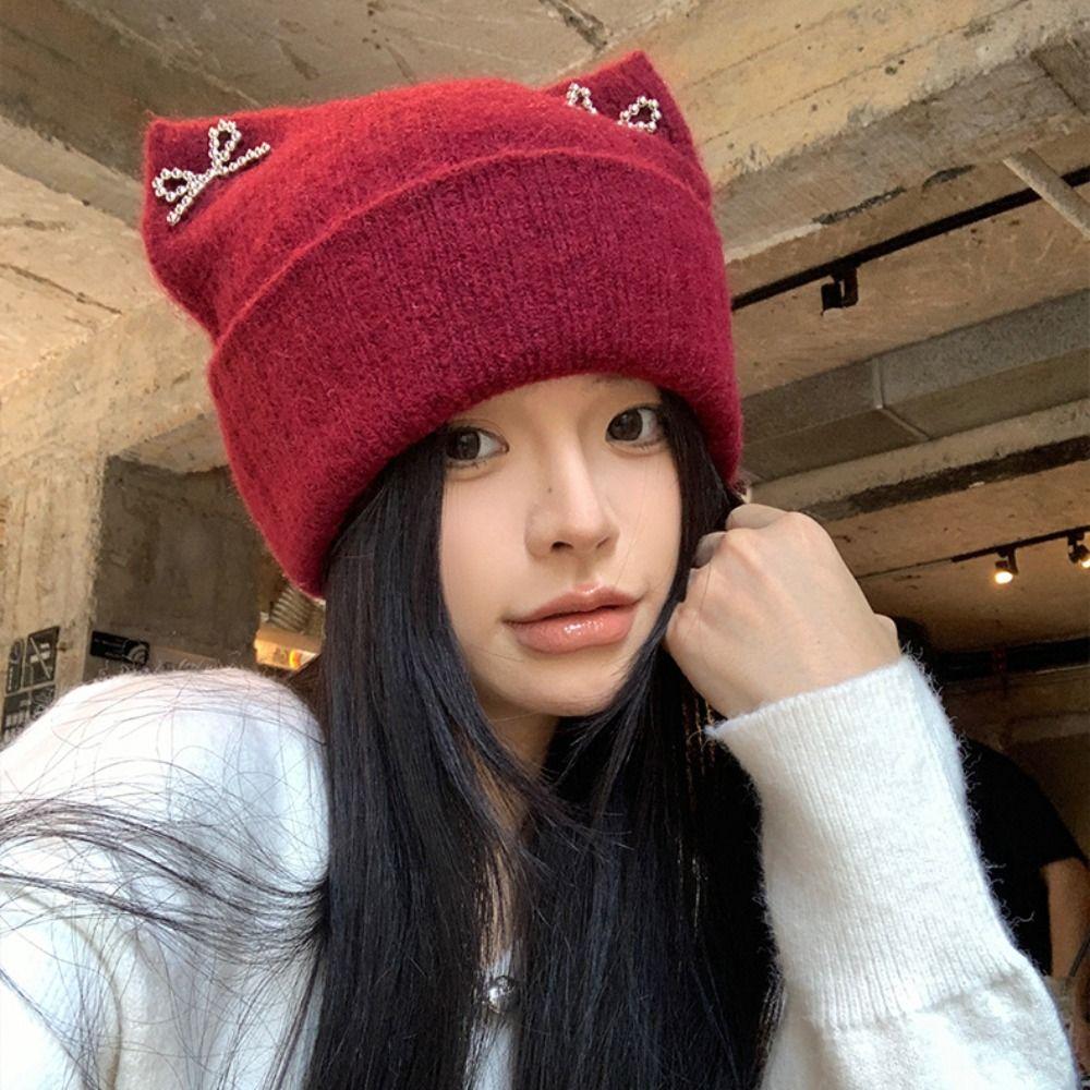 Sweet Cool Knitted Pullover Hat Bow Winter Wool Hat Keep Warm Cat Ears Beanie Hat Autumn