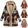 Retro Winter Fleece Hooded Jacket for Women Warm Long Loose Coat Plus Size Printed Outwear with Pockets