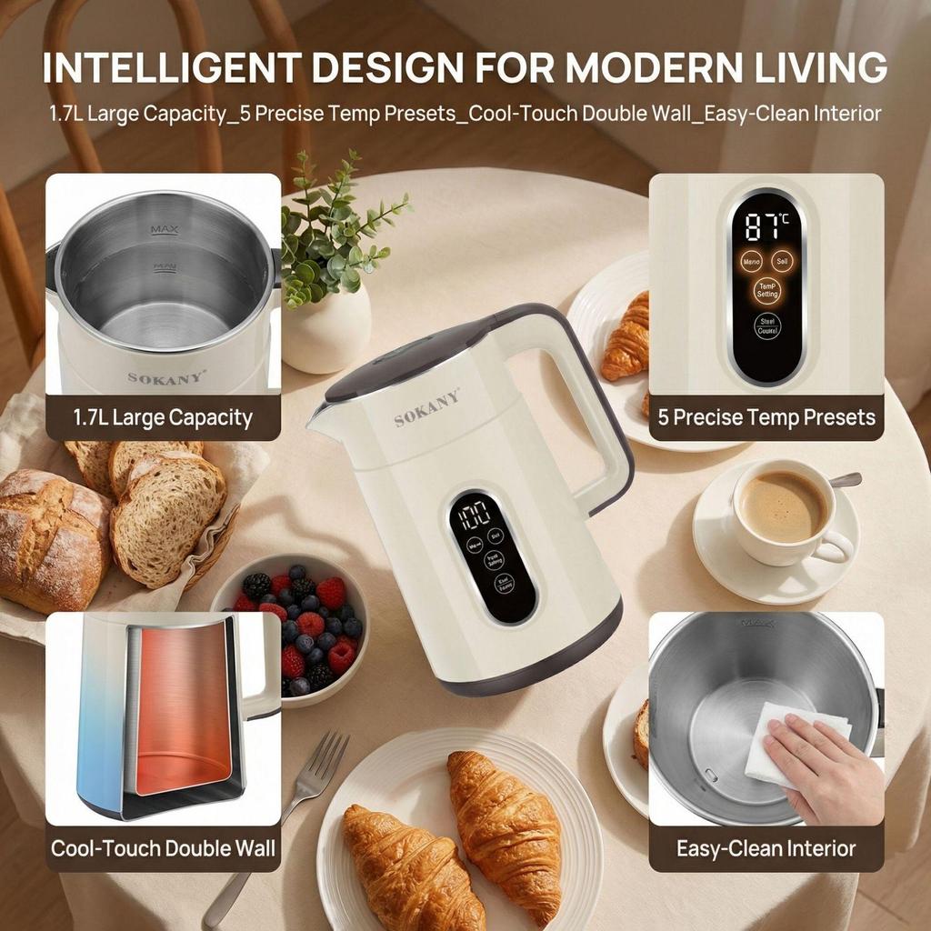 Bollitore Elettrico 1500W, 1.7L, 5 Impostazioni di Temperatura con Funzione Mantenimento in Caldo