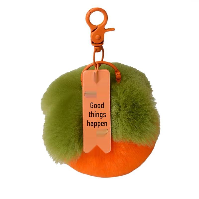 Small Persimmon Pendant with Rex Rabbit Fur, Cute Plush Ball Keychain Bag Charm - Birthday Gift