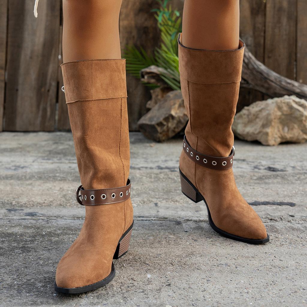 Winter new sleeve suede belt buckle northwest wind two wear pile boots retro pointed knight boots travel