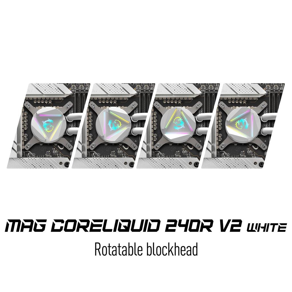 MSI MAG Core Liquid 240R V2 White AIO RGB CPU Liquid Cooler Swivel Cap Design 240mm Radiator Dual 120mm RGB PWN - - - - Fans.