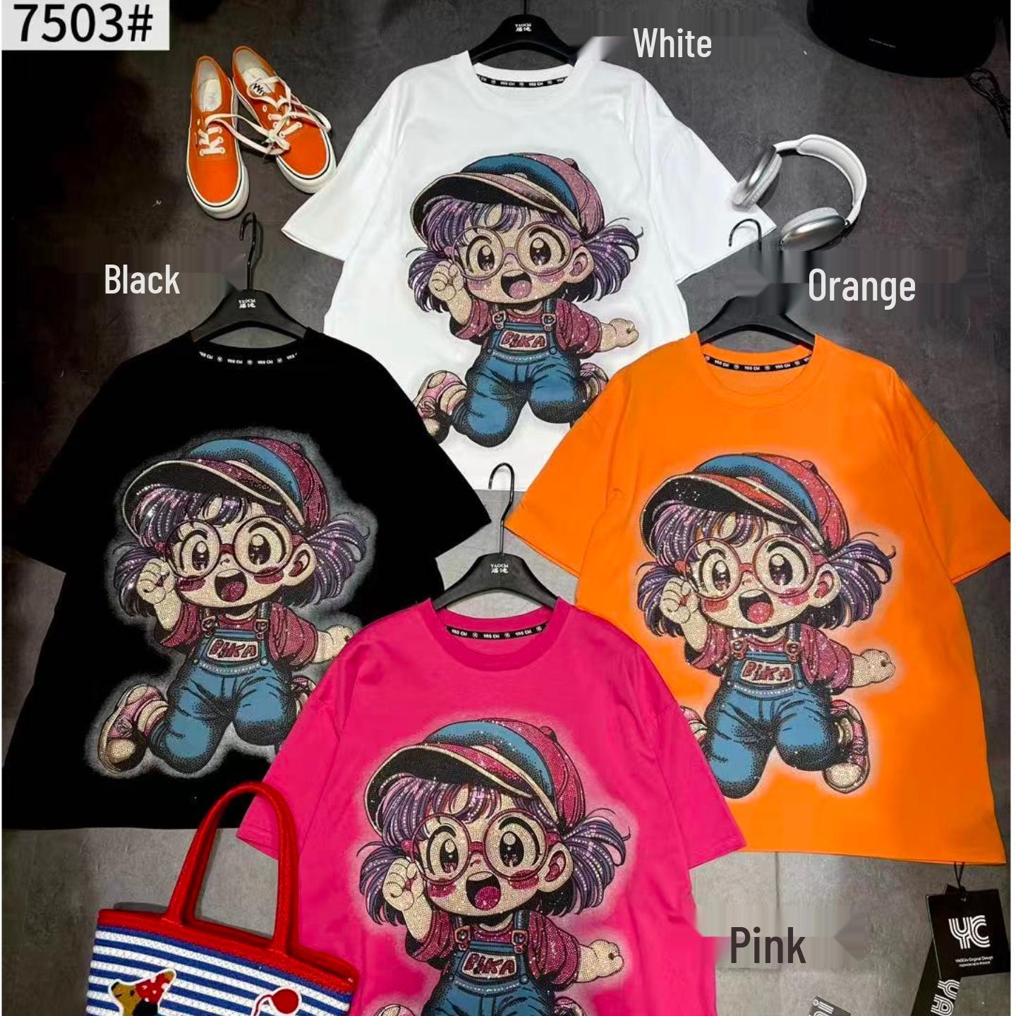 

European and American Plus Size Pure Cotton Loose Cartoon T-shirt - Women s Trendy Summer Top One Size оранжевый