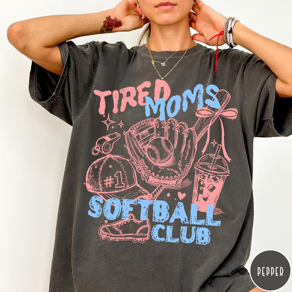 Tired Moms Softball Club T-Shirt, Gameday Doodle Softball Tee, Trendy Women's Softball Shirt, Sports Mom Shirt, Game Day Tee