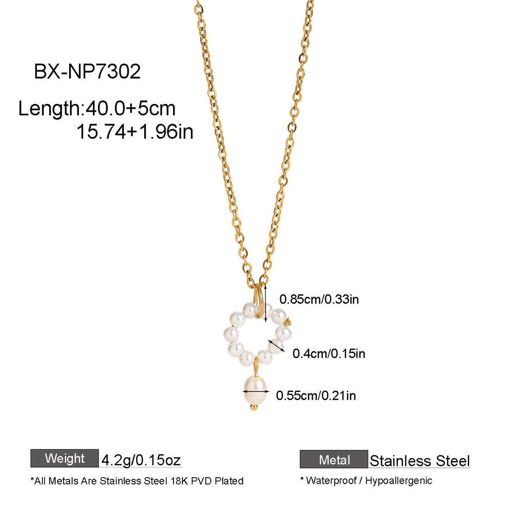 European & American Sweet Floral Wreath Pearl Rice Bead Necklace, French Titanium Steel Layered Women's Clavicle Chain