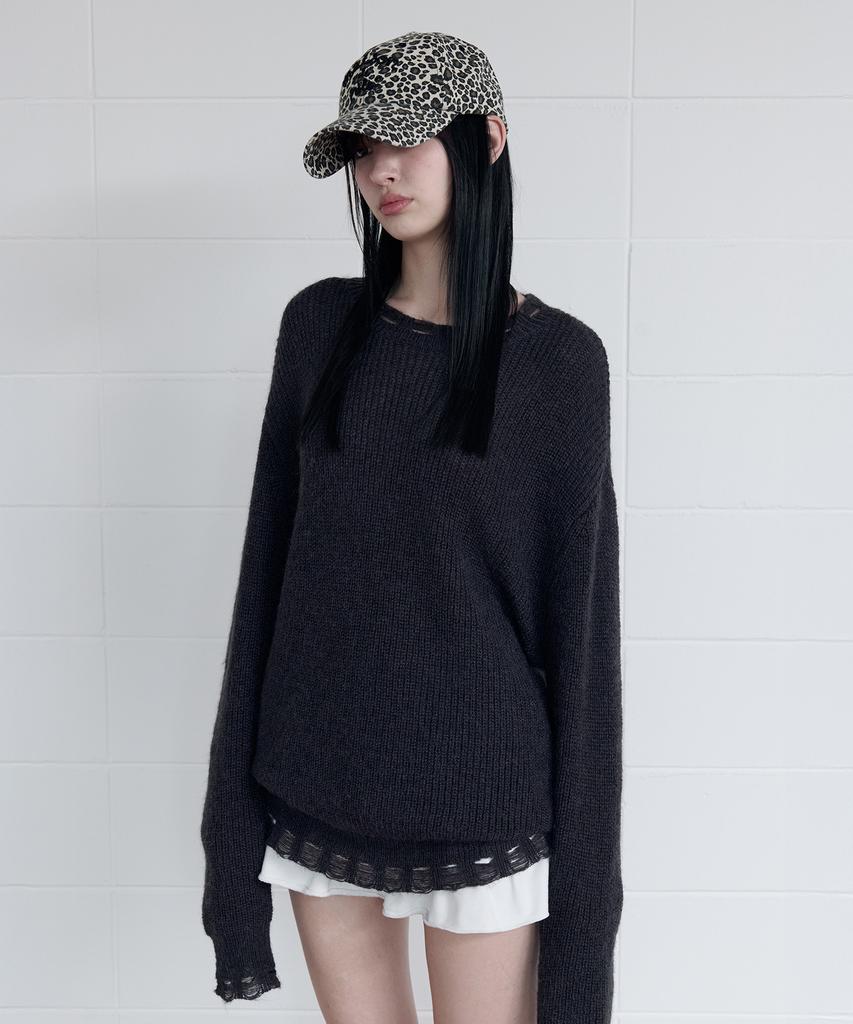 ROLAROLA Mohair Wool Blended Damaged Knit Deep Gray