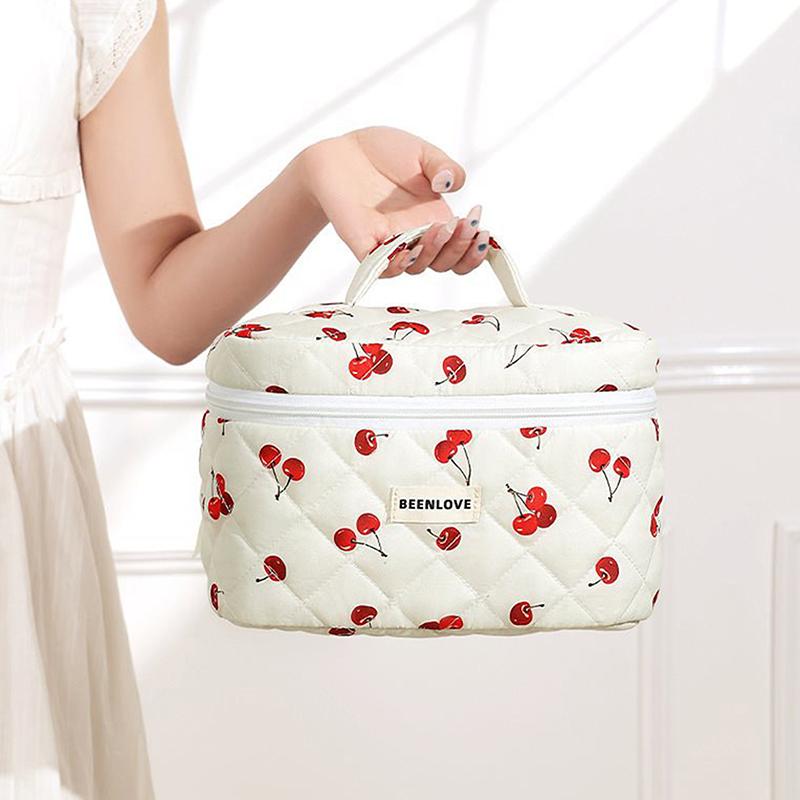 Cute Cherry Printed Cosmetic Bag Quilted Cotton Organiser Women's Zipper Flower Cotton Travel Wash Bag Portable Toiletry Bag