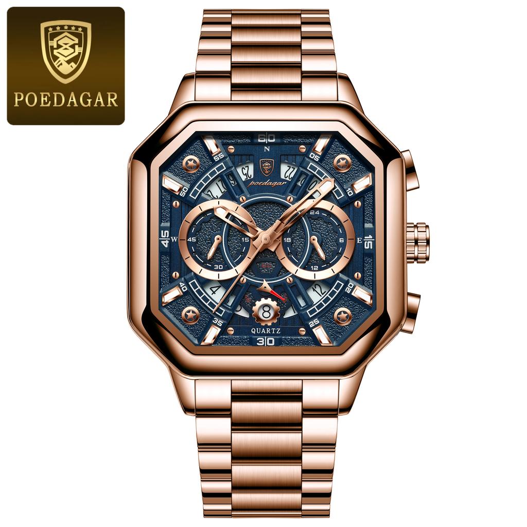 POEDAGAR Luxury Original Men Clock Waterproof Luminous Chronograph Date Man Watch Stainless Steel Quartz Men's Watches