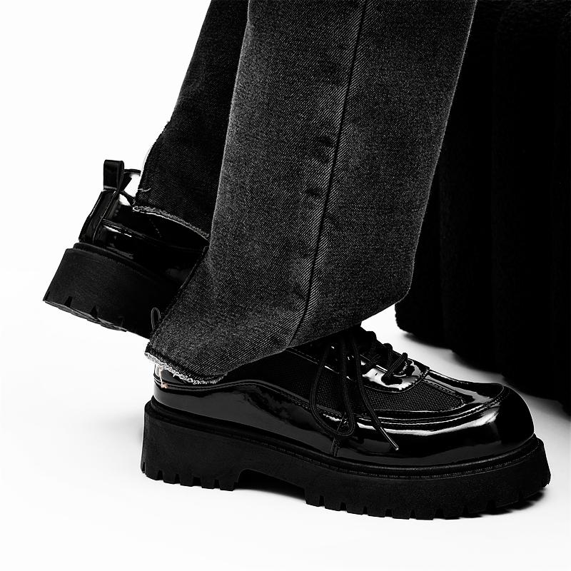 Fashion Solid-Color Patent Leather Mesh Men's Lace-Up Casual Shoe Comfortable And Durable Walking Shoe Breathable Round-Toe Travel Shoes