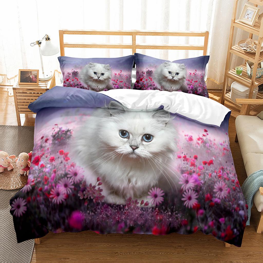 Kočičí povlečení na přikrývku Sada Vzor domácích koček Jednolůžková ložní souprava Roztomilé kotě Pro chlapce Polyester Záhadná Roztomilá kočka King Size Povlak na přikrývku