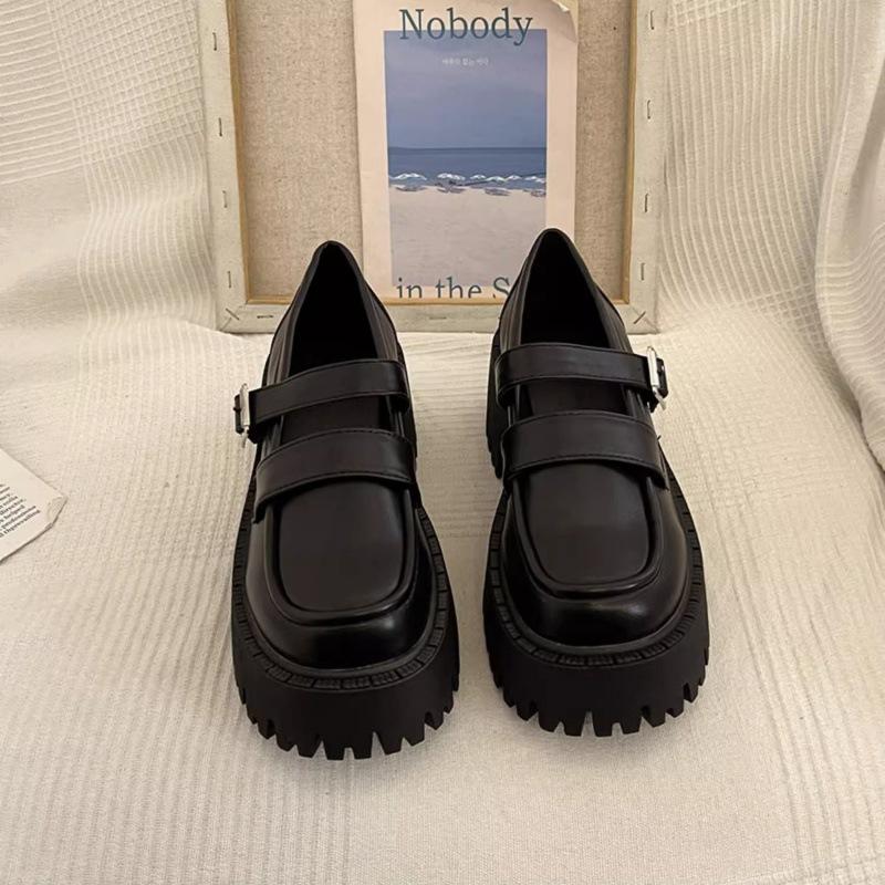 Plateauschuhe aus Leder im britischen Stil für Damen, schwarz, dicker Absatz, High Heels, Jane, Einzelschuhe, Halbschuhe