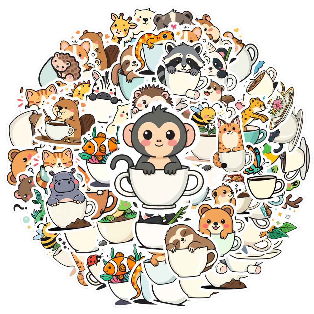 35-100pcs Animal Cup Sticker Album Scrapbooking Decoration Sticker Kawaii Stationery Teacher Reward Stickers Deco Luggage Laptop