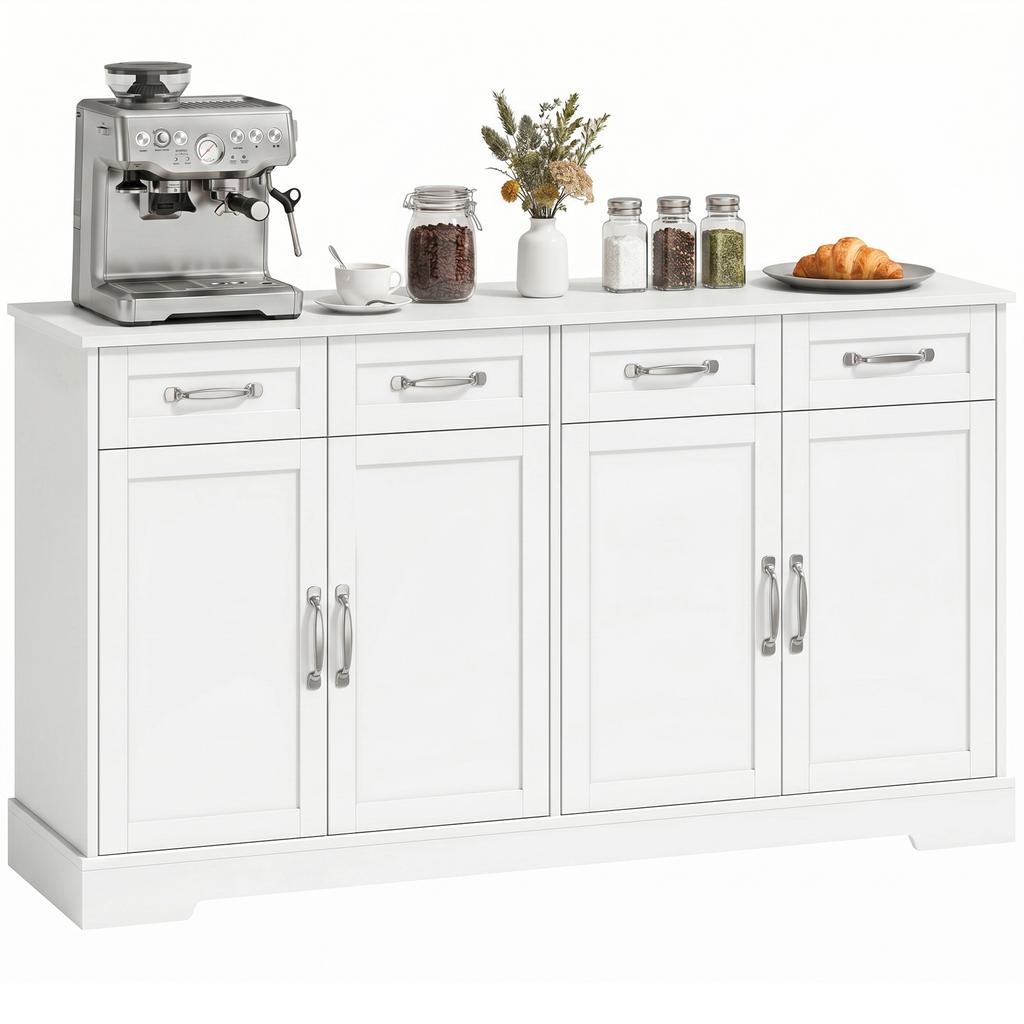 Buffet Cuisine 4 Tiroirs 4 Portes Style Shaker 140x38x80cm Blanc
