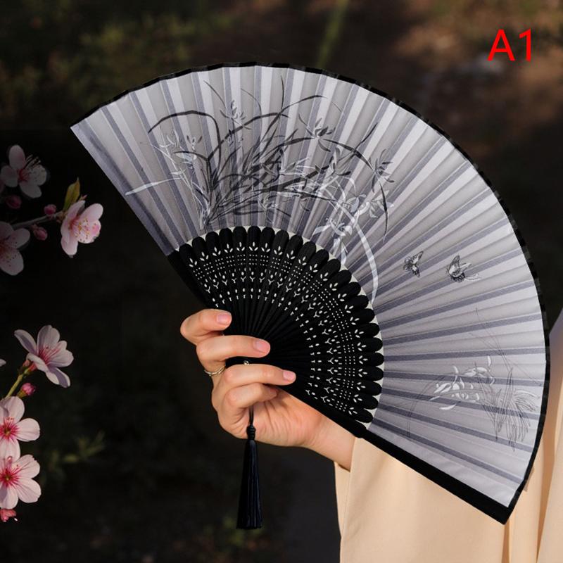 Ventilador Portátil de Mão Dobrável Estilo Chinês Adereços de Dança Ventilador de Concha Retrô Mulher Homem Madeira de Bambu Seda Flor Ventilador Dobrável