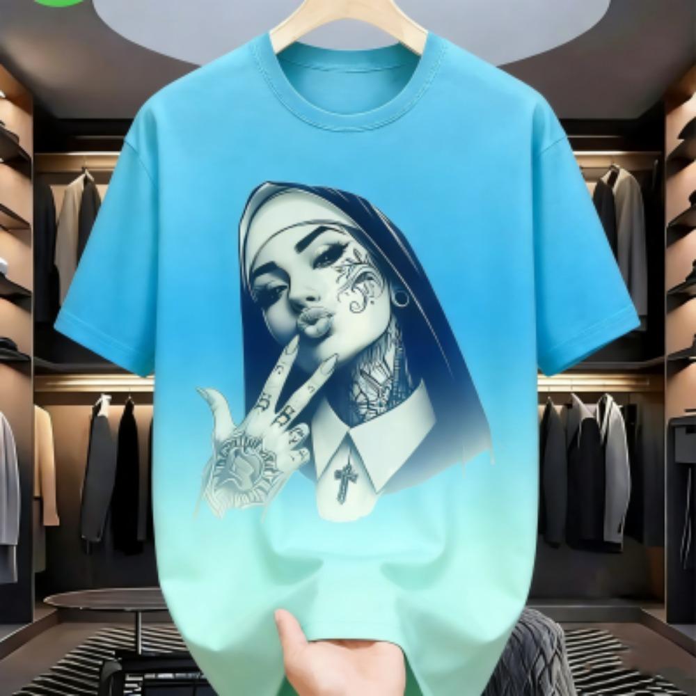 Sommer Mode Bunte Tätowierte Nonne Grafikdruck Damen T-Shirt Sommer Lässig Locker Kurze Ärmel Herren und Damen T-Shirts Oberteil