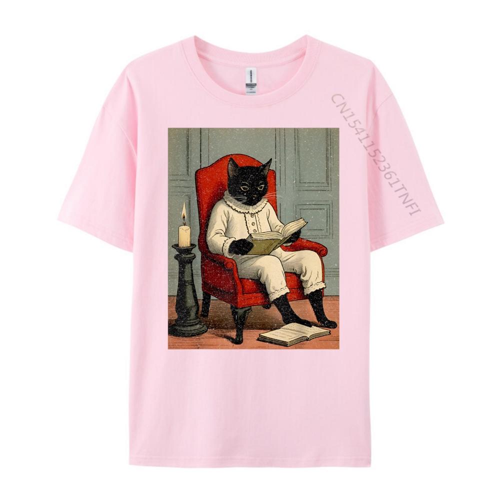 Funny Black Cat Reading A Book Fall Clothes Aesthetic Men's T-Shirts Loose