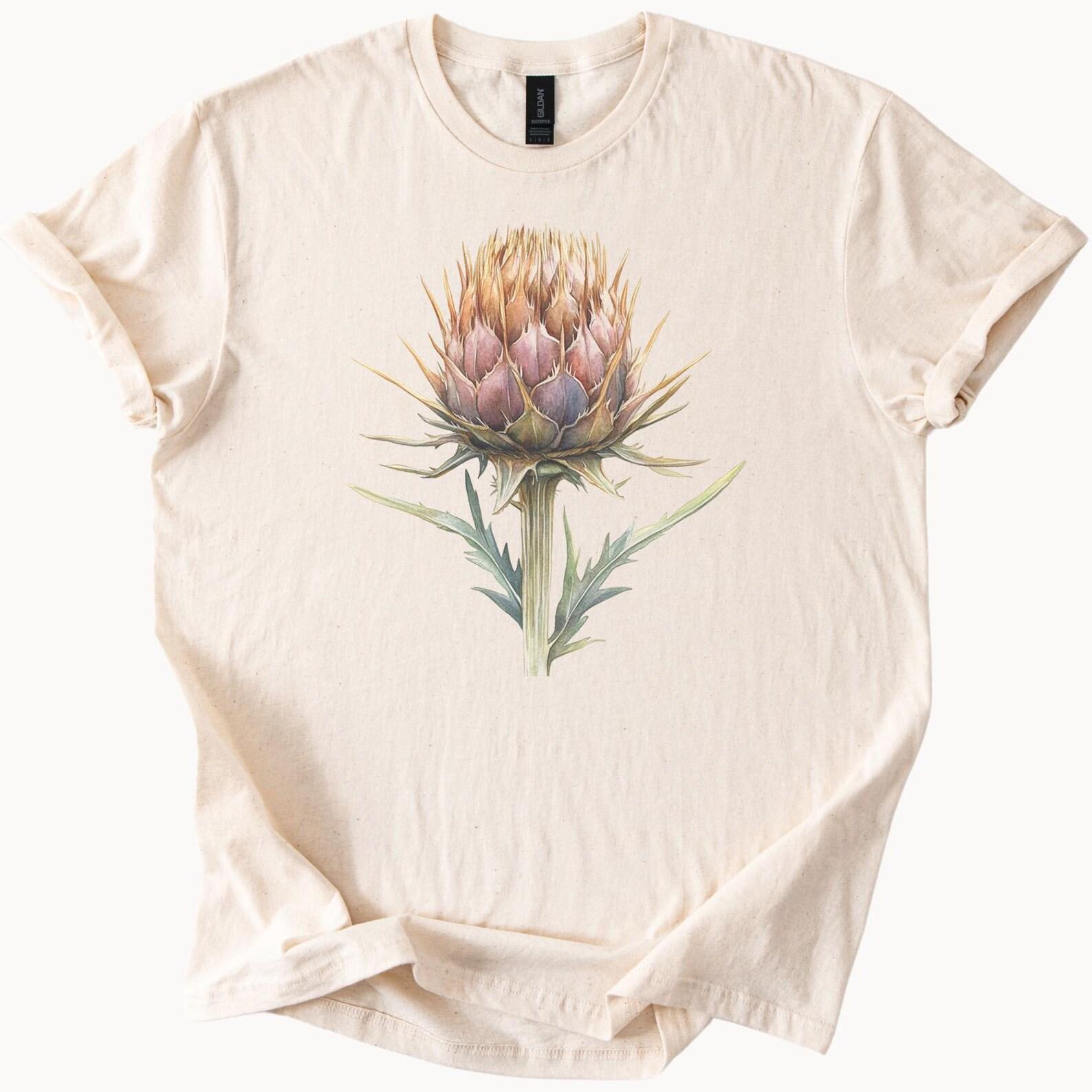 Artichoke Flower Graphic T Shirt Botanical Garden Art Nature Plant Tee Unique Floral Design Soft Cream Shirt Gift for Garden Lovers 140