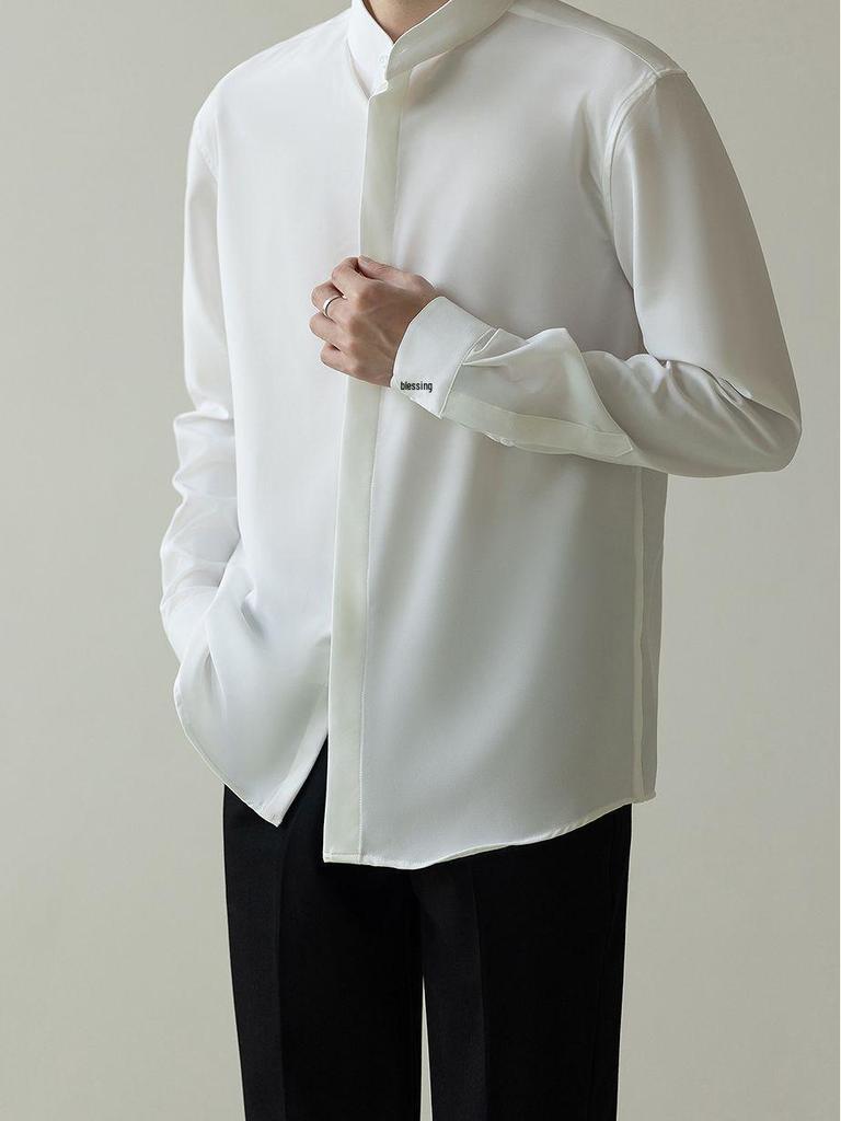 Men's Autumn Light Mature Style Non-Iron Slim-Fit Korean Ice Silk Long-Sleeved Shirt