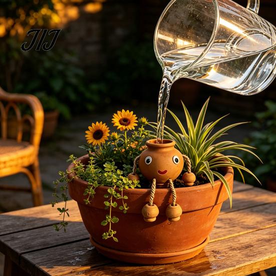 Automatic Drip Irrigation for Small Pots Terracotta Watering Spike, Cute Face Self Plant Insert Potted Decorative Smiling Doll Stakes Plants,