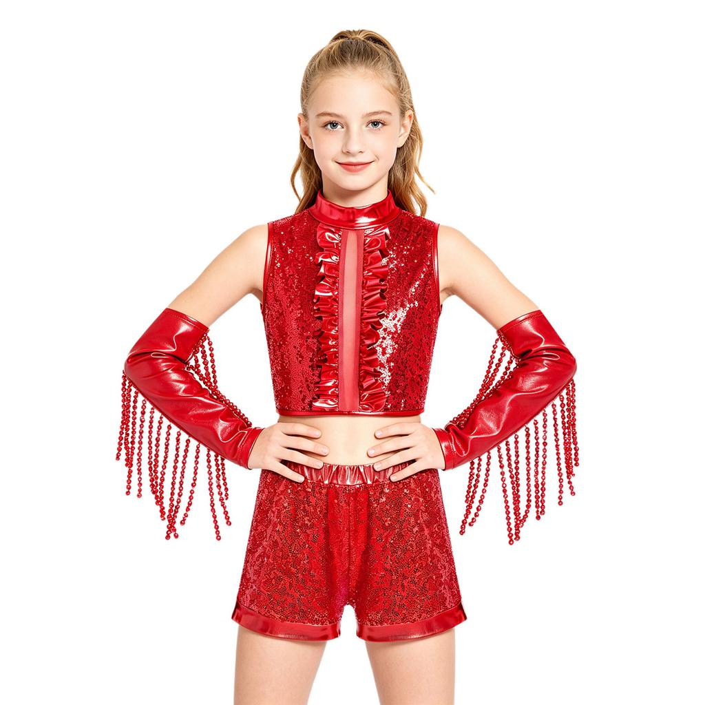 Conjunto de Rendimiento de Baile para Niñas Top Corto Metálico de Lentejuelas Pantalones Cortos de Cintura Alta y Guantes con Borlas para Espectáculo en Escenario Recital Fiesta