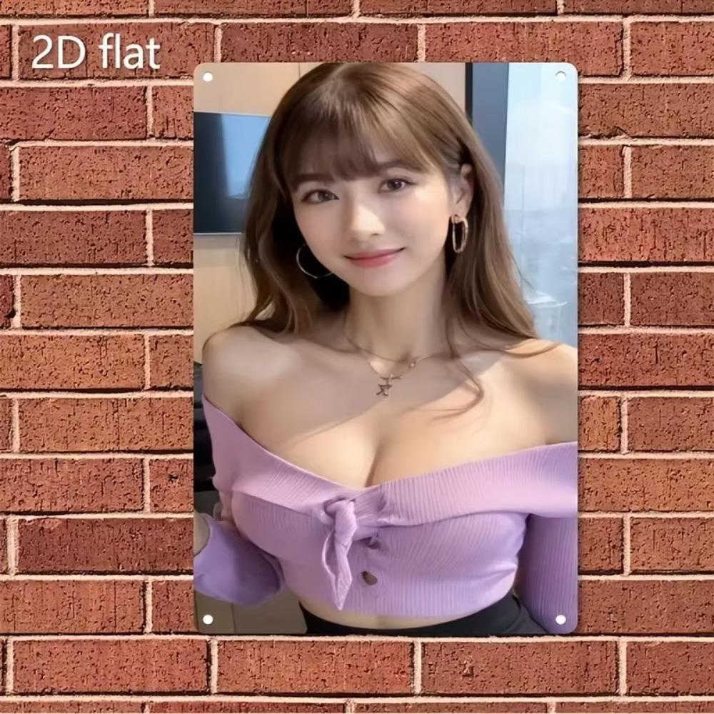 Metal Sign Wall Art Korean Beauty Poster, Purple Hair Woman Face Fashion Decor for Home Cafe Bar Christmas Gift
