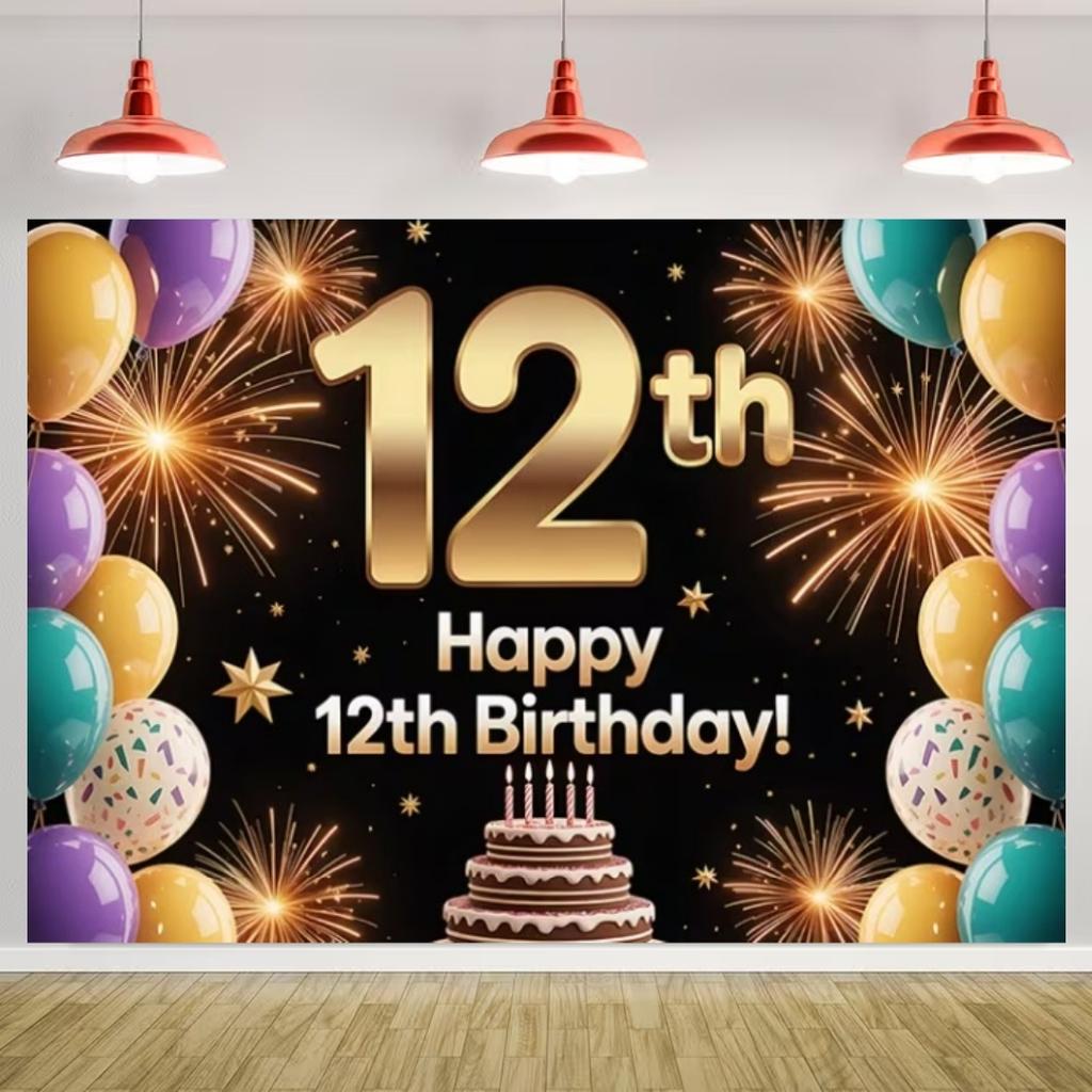 Happy 12th Birthday Banner Black Gold Balloon Background Party Decoration Boys Girls Birthday  Photography Backdrop Kids Gifts