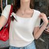 Sommer Neues Dünnes Kurzarm Strick T-Shirt Damen Vintage Slim Fit Quadratischer Kragen Basic Damen T-Shirts Elegant Einfarbig Schlicht Damen T-Shirts Kleidung 26233
