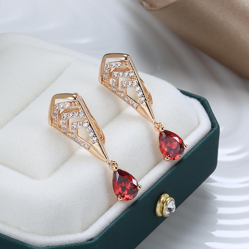 New Red Natural Zircon Drop Earrings For Women Fine Rose Gold Water Drop Long Dangle Earrings Fashion Jewelry