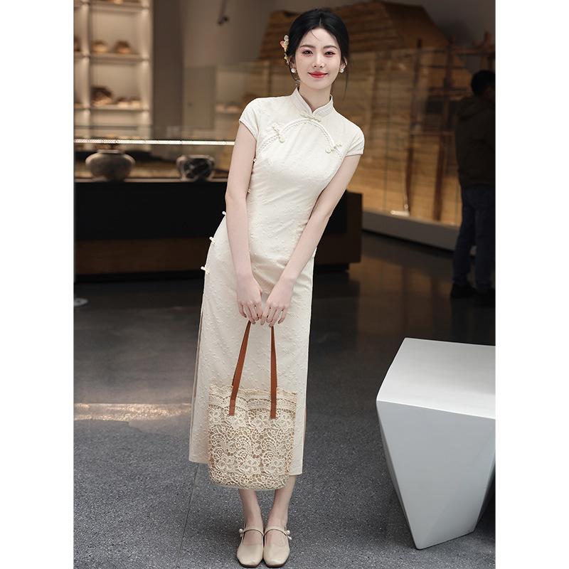 New Chinese-style White Cheongsam Women's 1011 New Ancient Stand-up Collar Lace Republic of China Style Temperament High-end Dress Summer