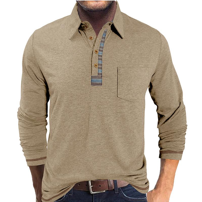 Men's Buttoned Lapel Colorful Cotton Long-sleeved POLO Shirt Casual Fashion Pocket Bottoming Top
