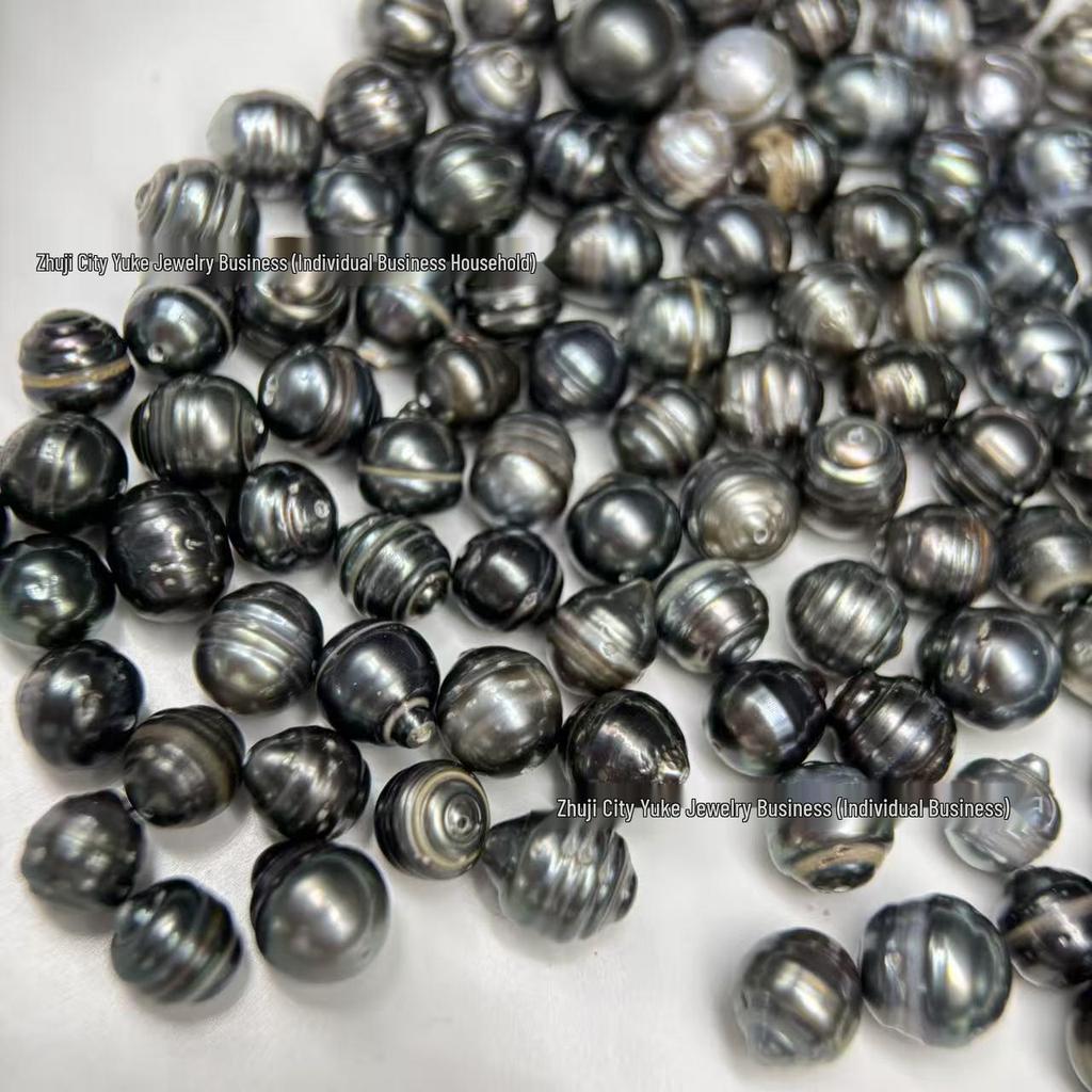Tahitian Ribbed 8-9mm Full-Drilled Black Saltwater Pearl Beads for DIY Jewelry