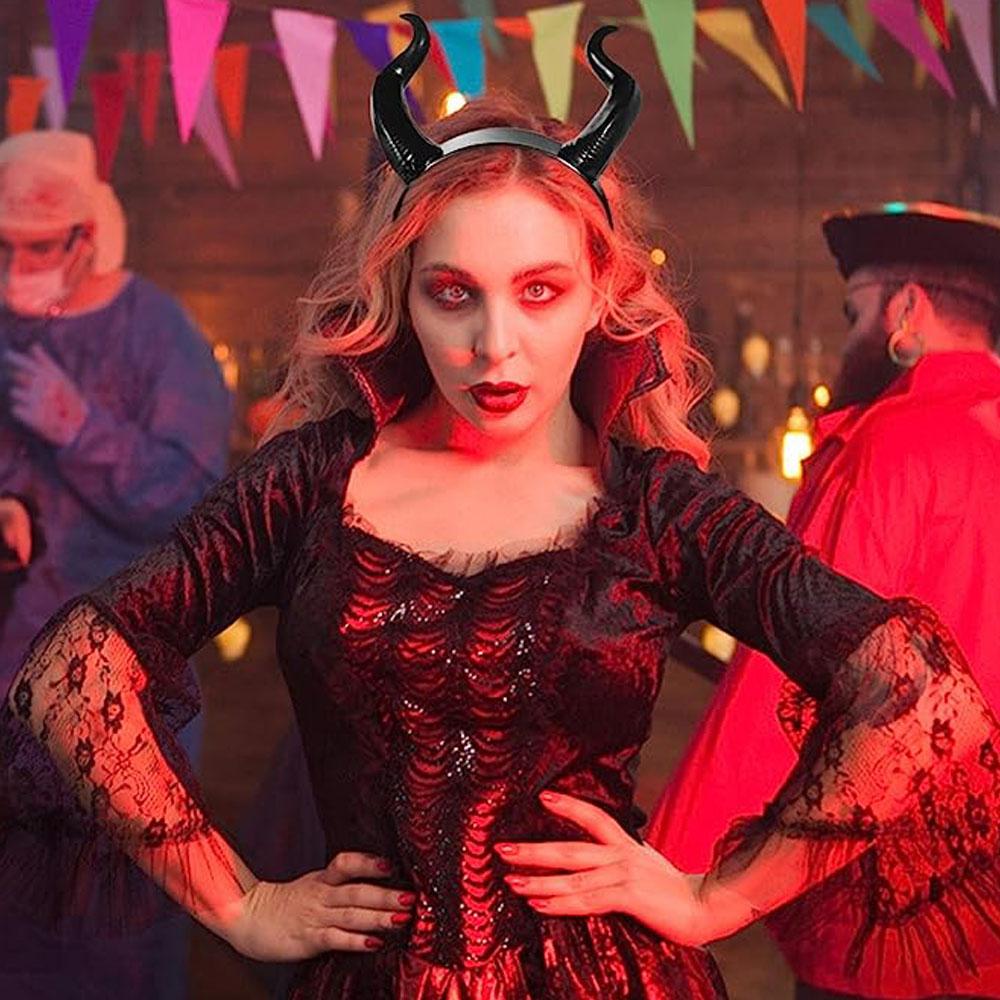 Bull Horn Headband Hair Accessory Women's Black Queen Witch Demon Horns Headpiece Cosplay Christmas Halloween Party Headband