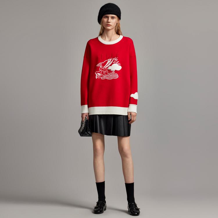 ELLE New Year Series Color Block Letter Dragon Head Jacquard Round Neck Drop Shoulder Loose Pullover Sweater Women Sweater Red EZ36923