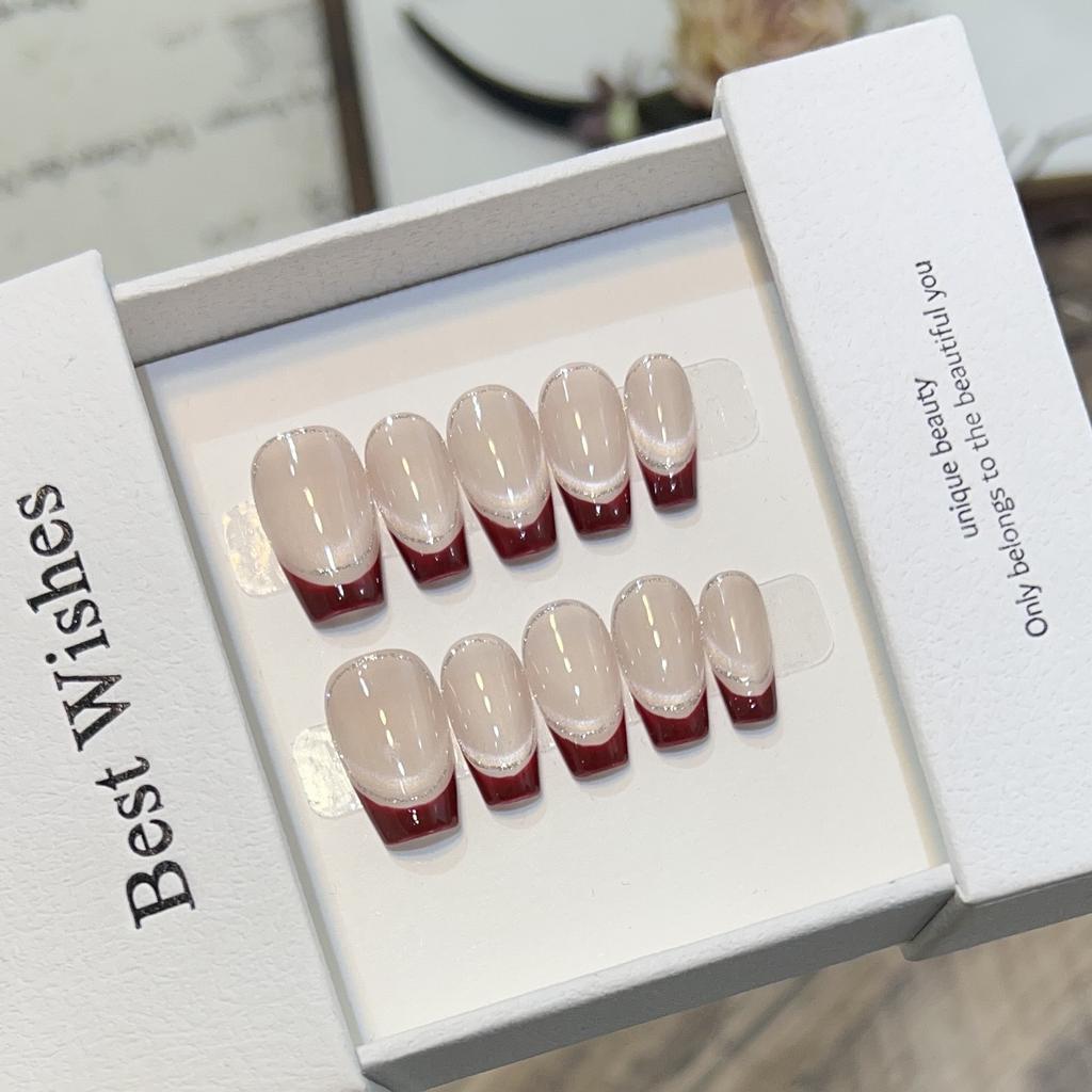 Simple Nude Cat Eye Nail Art Burgundy French Temperament Fake Nail Patch Removable Wearable Nail Patch Short