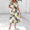 Women's Summer Short Sleeve Round Neck Waistband Bohemian Flowy Layered Maxi Dress With Pockets